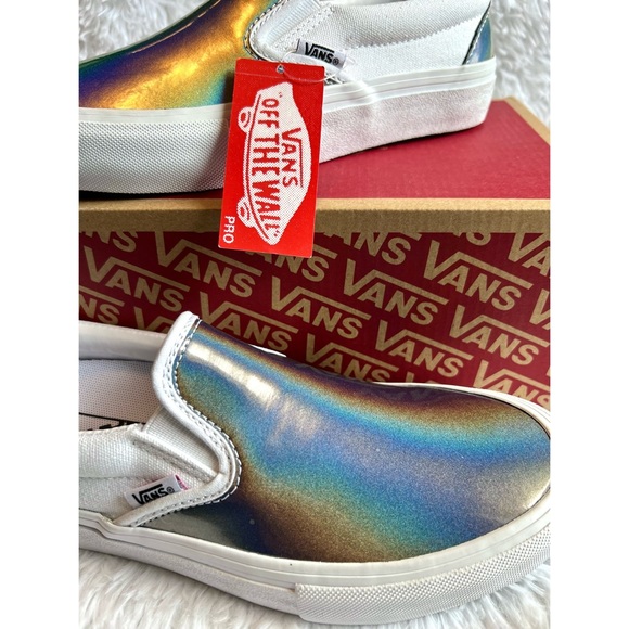NWT Vans Slip-On Pro Rainbow Iridescent Silver Skate Shoes - Picture 2 of 6